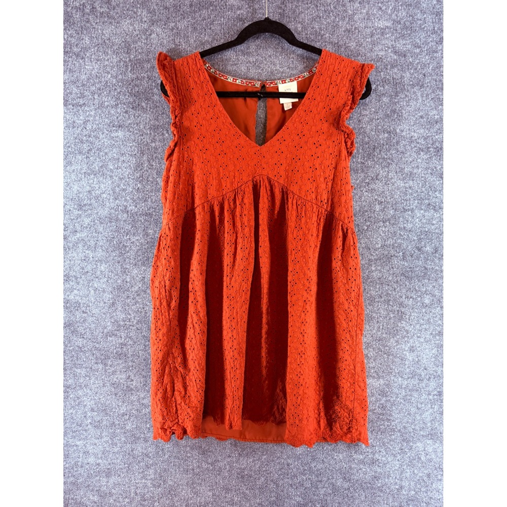 Knox Rose Burnt Orange Eyelet Mini Dress Rust V-Neck Ruffle Sleeve Large